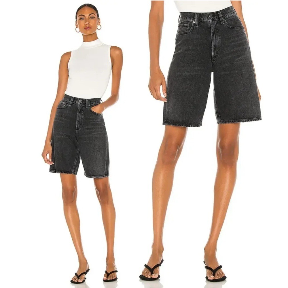 AGOLDE Lennox Culotte Denim Shorts Photogram Washed Black 26 High Rise Relaxed